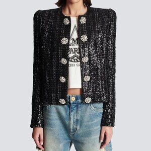 Black Sequin Boutique Blazer Jacket with Diamond Buttons | Medium | NWT